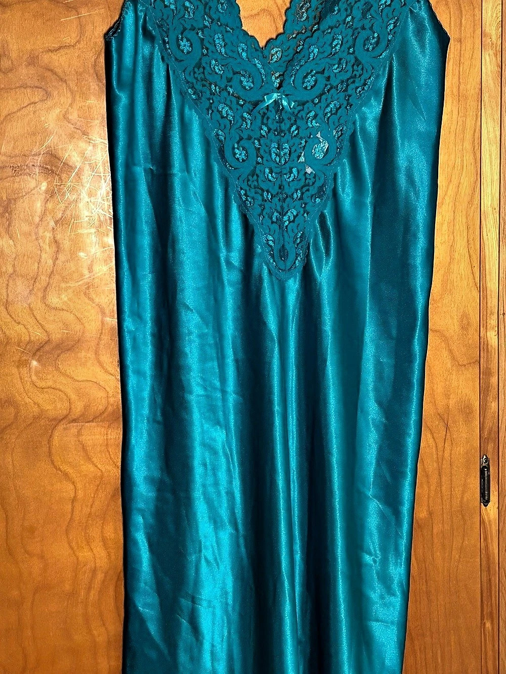 Vintage Cinema Etoile Teal Satin Lace Slip Nightgown M 80s 90s